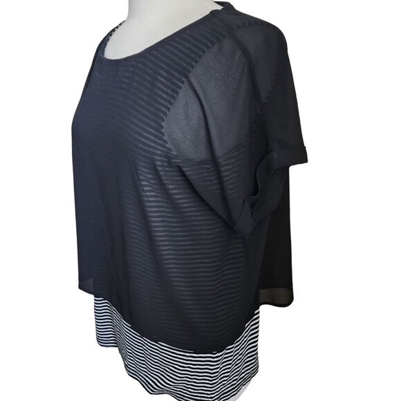 Chico's Layered Blouse Women Size 1 M 8 Black White Stripe Black Chiffon Sheer - Picture 4 of 10